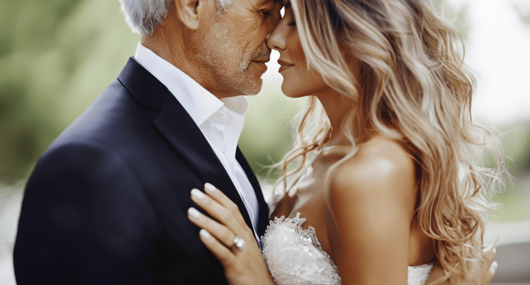 a man and woman in wedding attire